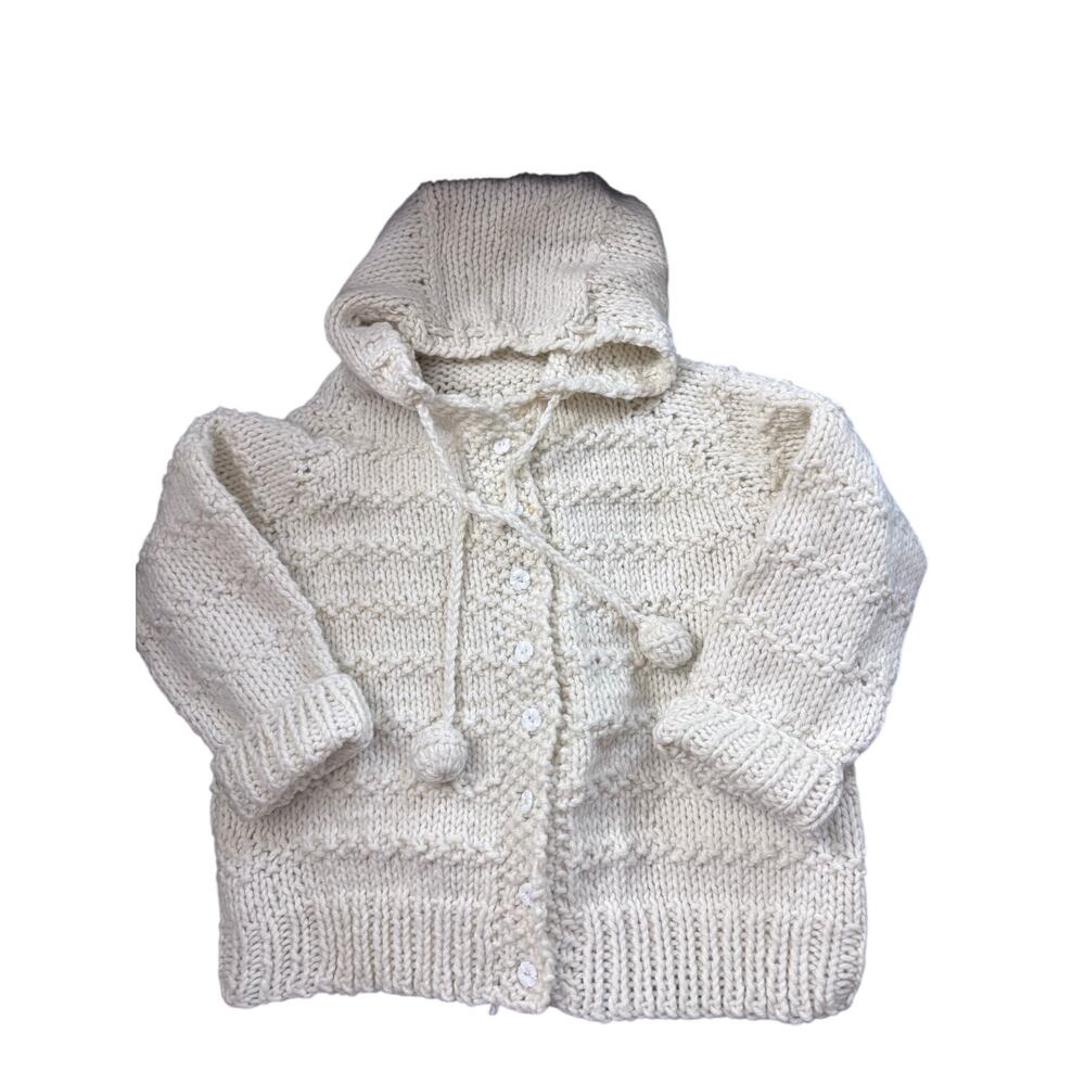 Handmade Off White Hooded Cardigan Sweater Pom Pom Tie Cottagecore Minimal